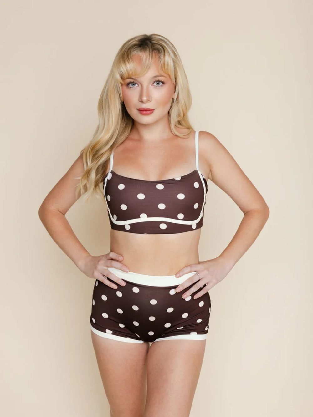 Kitty and Vibe Set Bandeau With Piping Top in Brandy And Short set Polka Dot